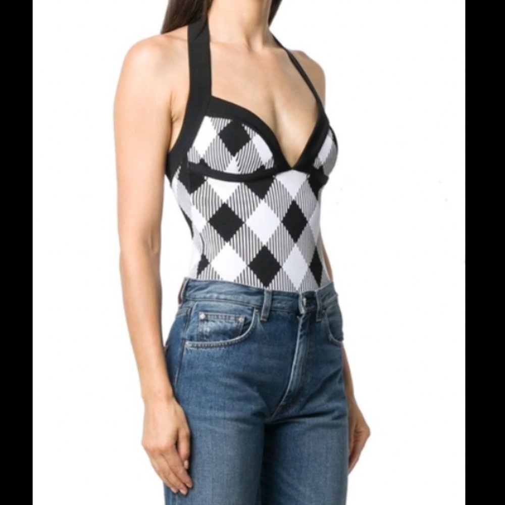 NWT - Balmain Halterneck Gingham Jacquard Bodysuit In Black